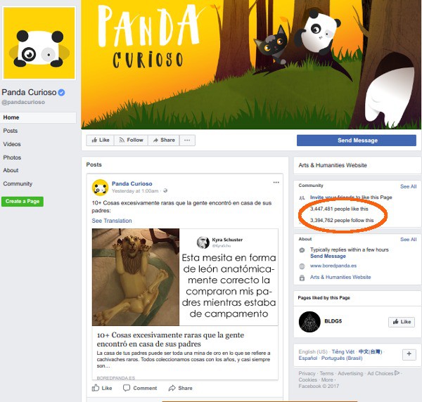 Một page chi nhánh của Bored Panda cung cấp tin bằng tiếng Tây Ban Nha. Thống kê tới ngày 3/12/2017, facebook này có gần 3,5 triệu lượt like và share "Mọi người đều muốn mình không quá phụ thuộc vào Facebook. Vào lúc này, đó là điều bất khả. Facebook là địa điểm mà mọi người chia sẻ các ý tưởng", Banisauskas chia sẻ với nhà báo Kevin Roose của New York Times.