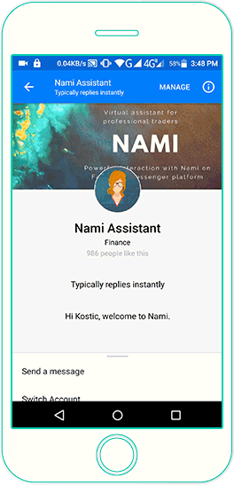 Chatbot Nami Asistant hoạt động trên nền tảng Facebook Messenger.