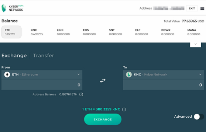 Giao diện cơ bản của sàn giao dịch Kyber Network.