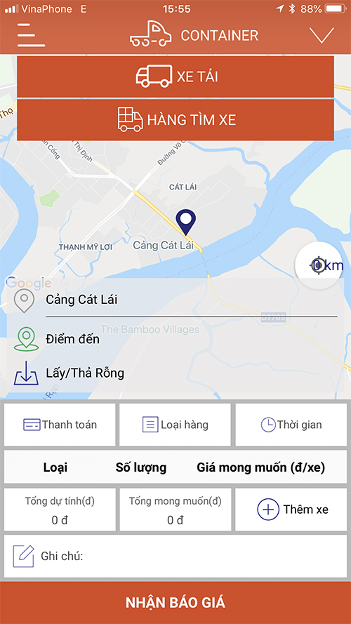 Giao diện ứng dụng đặt xe tải, xe container Loglag.