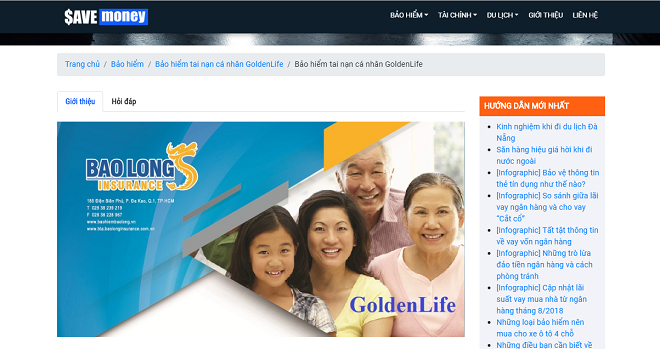 Giao diện website của bảo hiểm GoldenLife.