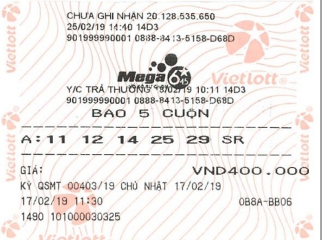 Chiếc vé trúng Jackpot gần 22 tỷ đồng. Ảnh: Vietlott