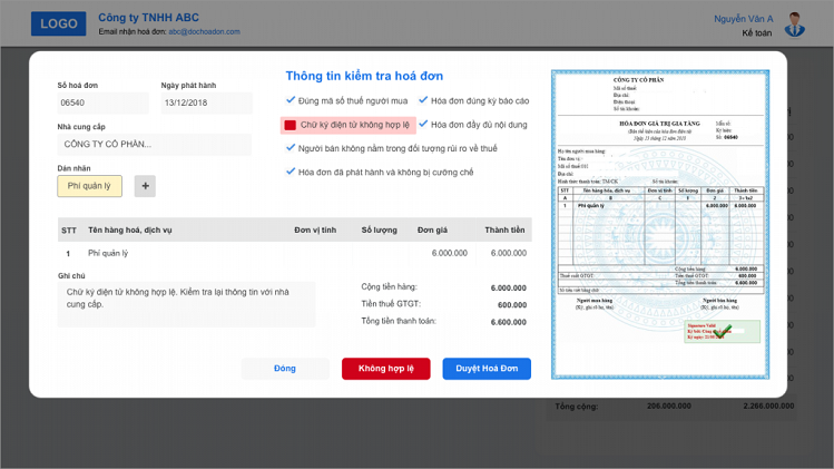 Nền tảng còn tích hợp thêm chức năng tự động kiểm tra, xác thực hóa đơn điện tử. 